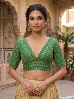 SALWAR STUDIO - Silk Embroidered V Neck Padded Saree Blouse