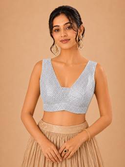 SALWAR STUDIO - Silver Embellished Padded Readymade Saree Blouse