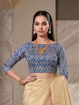 SALWAR STUDIO - Blue Silk Woven design Padded Readymade Saree Blouse