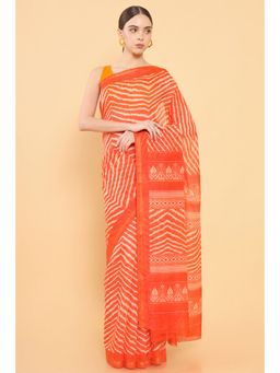 Soch - Women Orange Chanderi Printed Saree with Unstitched Blouse