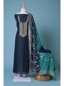 Zari Jaipur - Navy Blue Embroidery Unstitched Dress Material (Set of 3)