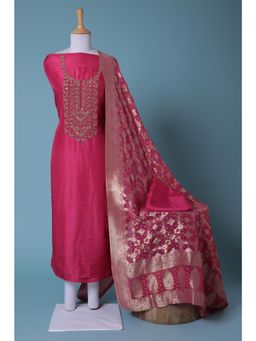 Zari Jaipur - Pink Embroidery Unstitched Dress Material (Set of 3)