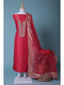 Zari Jaipur - Red Embroidery Unstitched Dress Material (Set of 3)