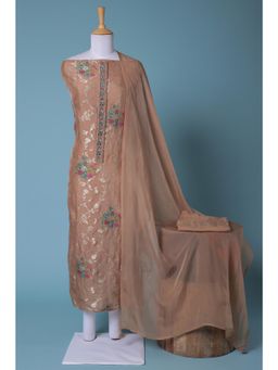 Zari Jaipur - Brown Embroidery Unstitched Dress Material (Set of 3)