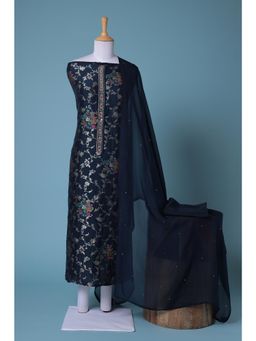 Zari Jaipur - Navy Blue Embroidery Unstitched Dress Material (Set of 3)