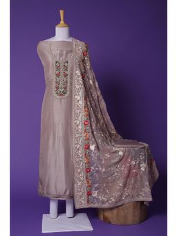 Zari Jaipur - Brown Embroidery Unstitched Dress Material (Set of 3)