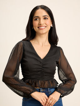 Twenty Dresses by Nykaa Fashion - Black Satin Highlights V Neck Peplum Crop Top
