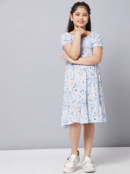 Stylo Bug - Girl's Flower Printed Half Sleeves Knee Length A Line Casual Wear Dress -blue