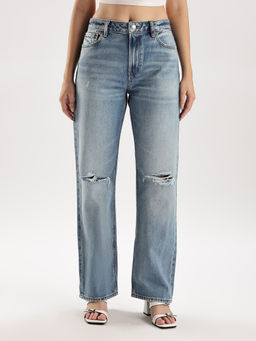 Calvin Klein - Mid-Wash Straight-Fit High Rise Blue Jeans