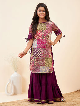 Stylo Bug - Girls Printed Kurti with Sharara- Purple (Set of 2)