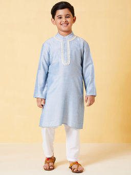 Stylo Bug - Boys Knee Length Solid Kurta - Blue (Set of 2)