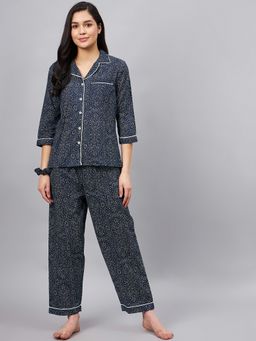 WineRed - Lapel Collared Bandhej Print Blue Shirt with Pant and Scrunchie