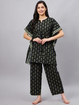WineRed - Floral Print Kaftan Black Top with Pant and Scrunchie