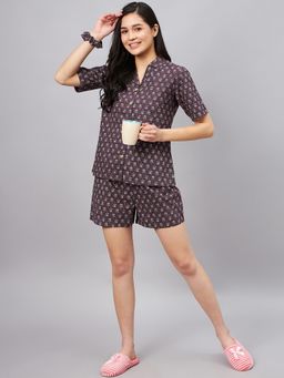 WineRed - Lotus Print Brown Shirt with Shorts and Scrunchie