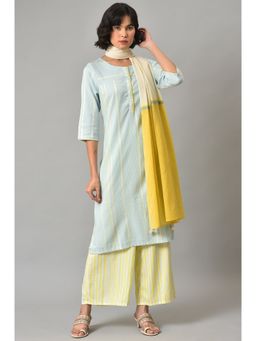 W - Blue Geometric Kurta-Parallel Pant-Dupatta (Set of 3)