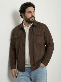 UNSTD - Brown Men Plus Size Suede Full Sleeves Winter Wear Shacket