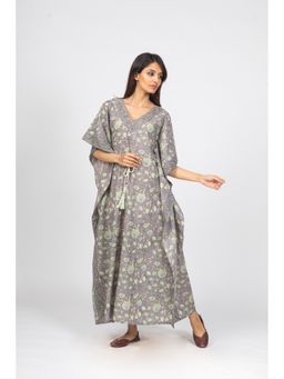 Kasya - Grey Printed Cotton Kaftan Dress