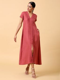 trueBrowns - Cotton Linen Rust Red Pleated Dress