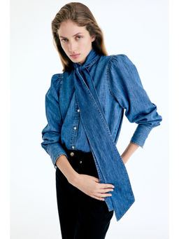 H&M - Women Blue Scarf-Detail Denim Shirt