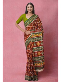 Unnati Silks - Multi Pure Block Printed Cotton Saree with Unstitched Blouse