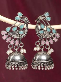 OOMPH - Oxidised Silver Look Alike Pearls Large Laxmi Ethnic Jhumka Earrings
