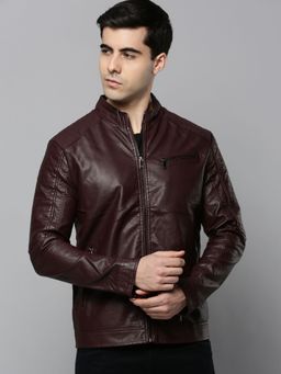 SHOWOFFFF - Mens Mandarin Collar Coffee Brown Solid Leather Jacket