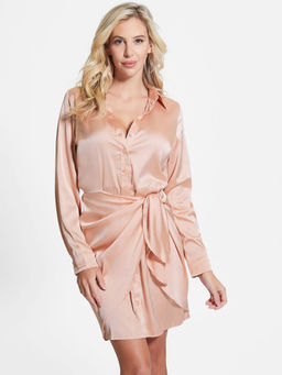 Guess - Women Pink Solid Spread Collar Full Sleeves Shirt Mini Dress