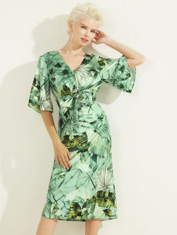 Guess - Women Green Printed V-Neck Short Sleeves A-Line Midi Dress