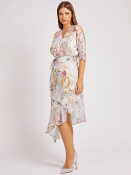 Guess - Women Multicolored Printed V-Neck 3/4 Sleeves Midi Dress
