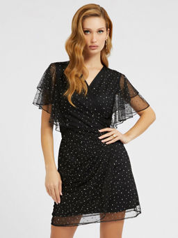 Guess - Women Black Embellished V-Neck Flared Sleeves A-Line Mini Dress