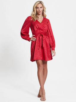 Guess - Women Red Printed V-Neck Full Sleeves A-Line Mini Dress with Belt (Set of 2)