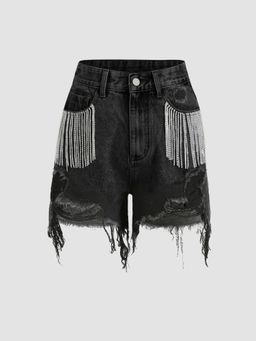 Cider - Diamond Tassels Ripped Denim Shorts