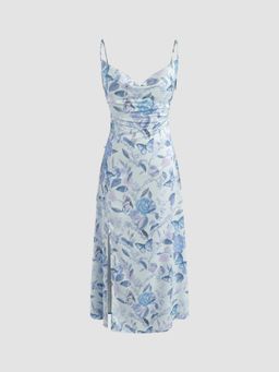 Cider - Cowl Neck Butterfly & Floral Midi Dress