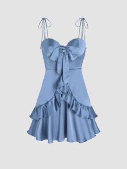 Cider - Navy Blue Ruffled Trim Tie Corset Dress