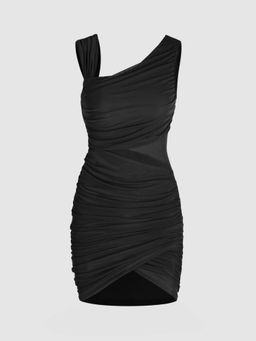 Cider - Black Solid Mesh Asymmetrical Neck Dress