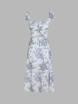 Cider - Blue Floral Knotted Split Midi Dress