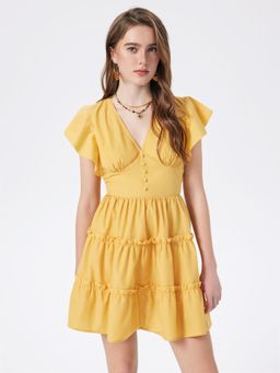 Cider - Yellow Solid Backless Ruffled Sleeves Mini Dress