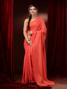 CHARUKRITI - Coral Pure Cotton Handwoven Stripes Saree with Unstitched Blouse