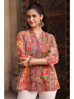 Rain & Rainbow - Print Mandarin Collar Cotton Tunic