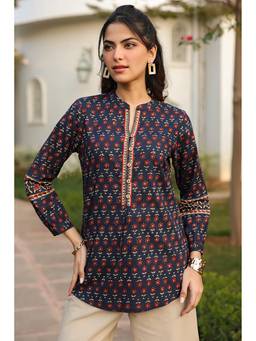 Rain & Rainbow - Blue Print Mandarin Collar Cotton Tunic