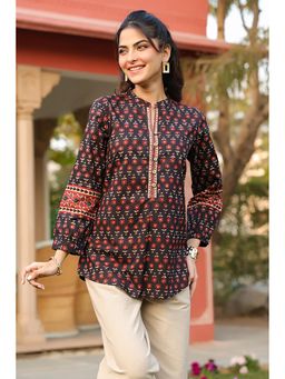 Rain & Rainbow - Black Print Mandarin Collar Cotton Tunic