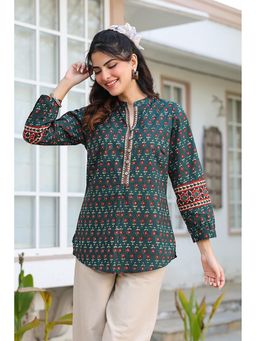 Rain & Rainbow - Green Print Mandarin Collar Cotton Tunic