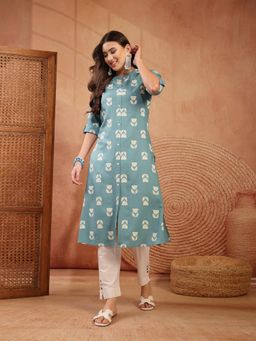 Stylum - Women's Aqua Printed Rayon A-Line Kurta