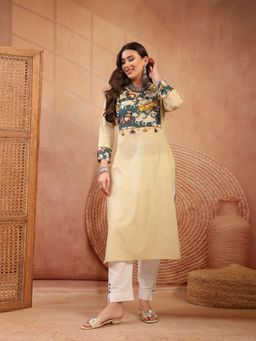 Stylum - Women's Beige Animal Print Rayon Straight Kurta