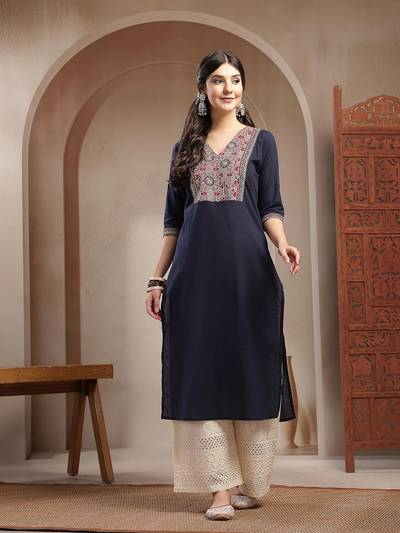 Women's Navy Blue Solid Cotton Straight Kurta