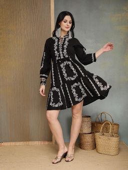 Stylum - Women's Black Embroidered Cotton Flex Tiered Dress