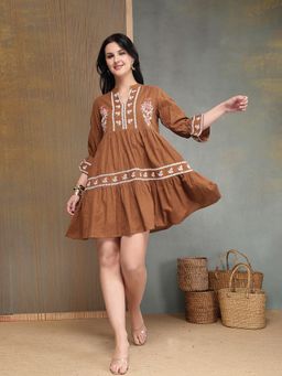 Stylum - Women's Brown Woven Embroidered Cotton Dobby Tiered Dress