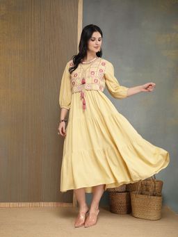 Stylum - Women's Butter Solid & Embroidered Rayon Tiered Dress With Jacket