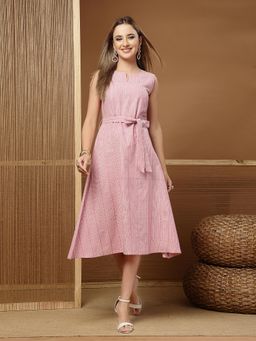 Stylum - Women's Pink Solid Katha Cotton A-Line Dress With Belt