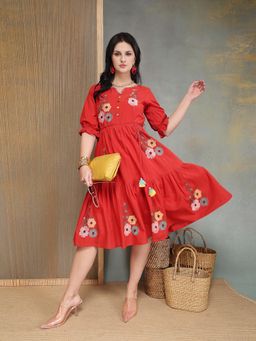Stylum - Women's Red Solid & Embroidered Cotton Tiered Dress With Belt